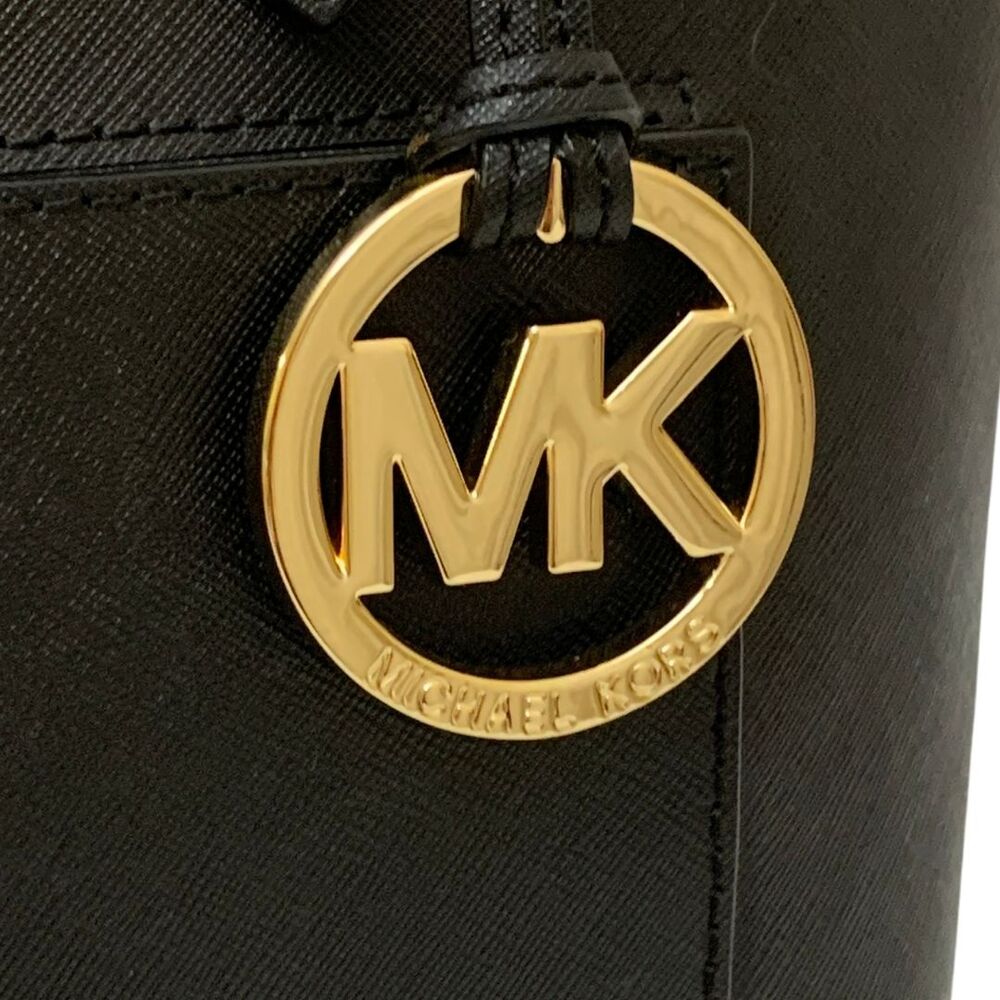 Michael Kors Black Saffiano Leather Tote Bag Gold Tone MK Charm Medium - Picture 2 of 13